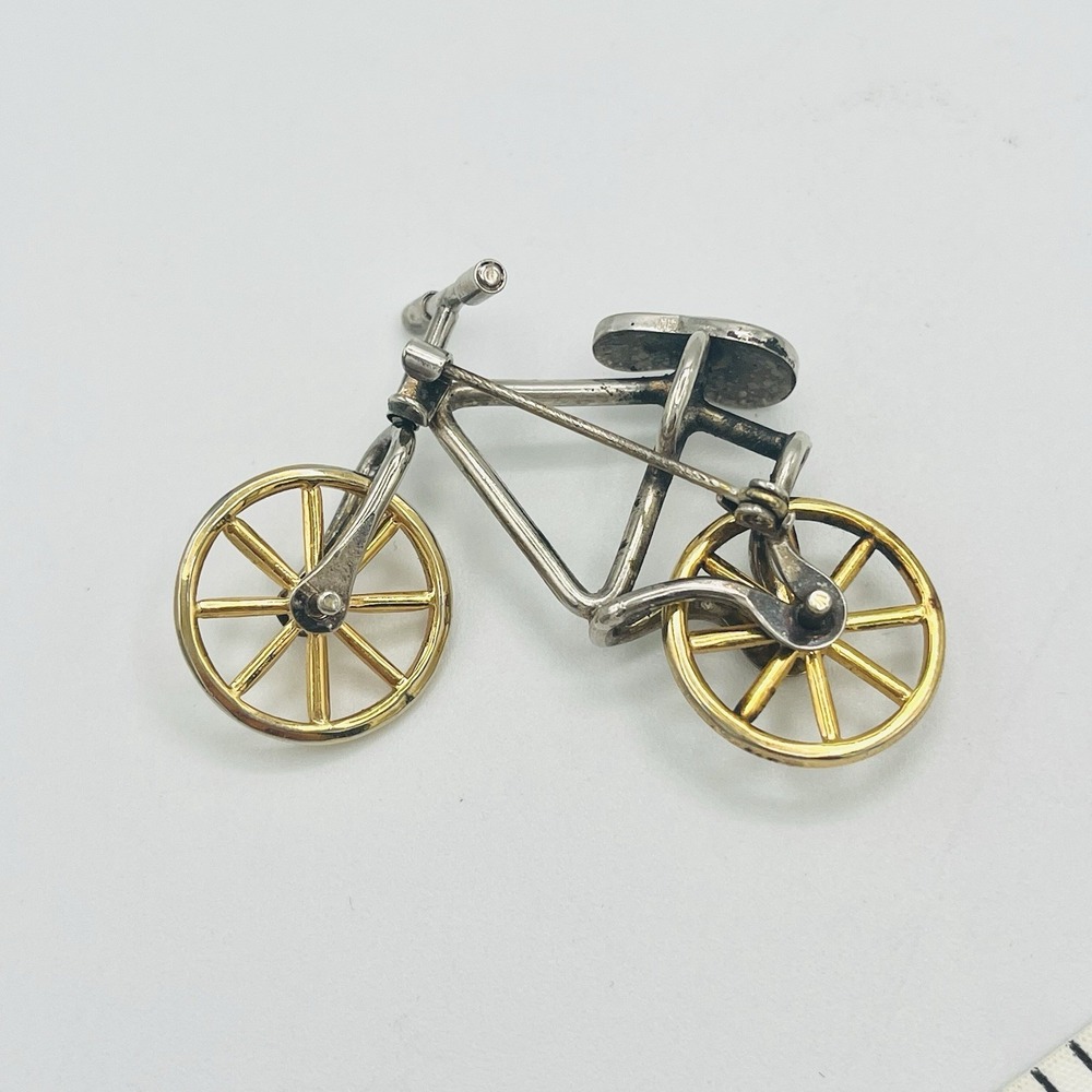Vintage Silver Gold Bicycle Bike Brooch Pin Articulated Wheels Handle Movable 2" - Picture 2 of 5